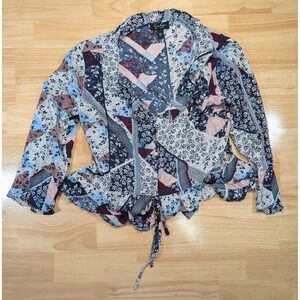 Jessica Simpson Womens Large Patchwork Floral Peplum Blouse Blue Pink V-Neck L